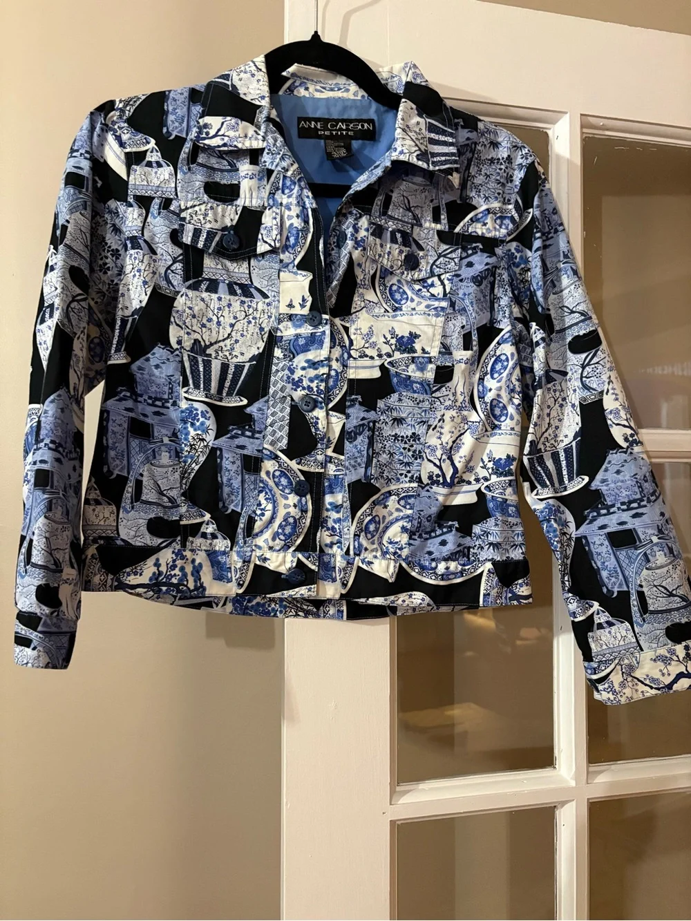 Anne Carson Blue & White Cotton Petite Jacket with Button Front